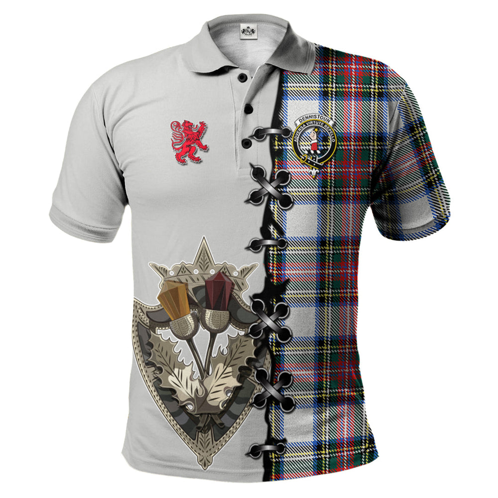 Clan Dennistoun Tartan Polo Shirt - Lion Rampant And Celtic Thistle Style EH20 Dennistoun Tartan Tartan Polo