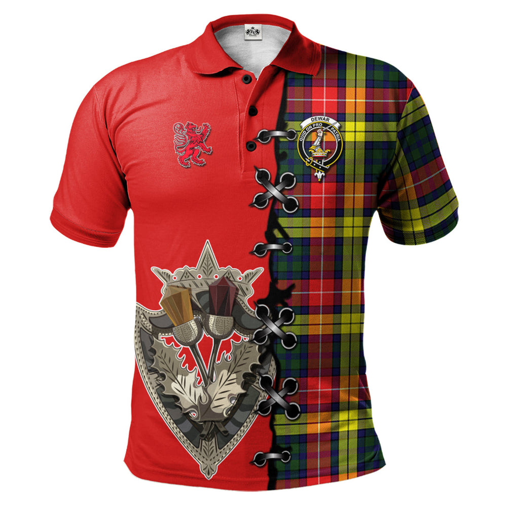 Clan Dewar Tartan Polo Shirt - Lion Rampant And Celtic Thistle Style LM36 Dewar Tartan Tartan Polo