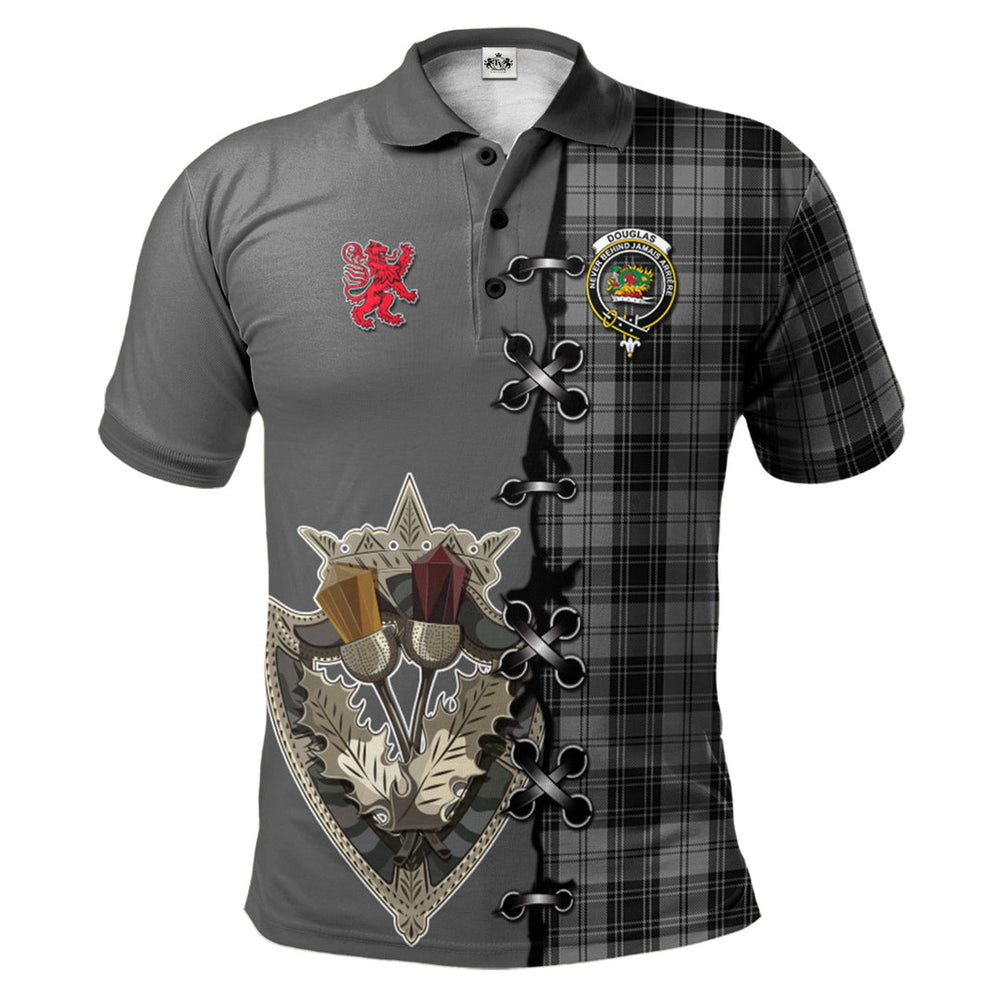 Clan Douglas Grey Tartan Polo Shirt - Lion Rampant And Celtic Thistle Style PS86 Douglas Grey Tartan Tartan Polo