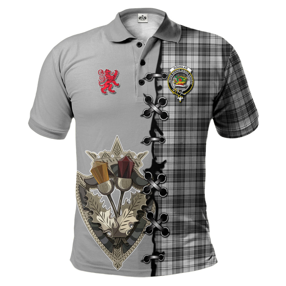 Clan Douglas Grey Modern Tartan Polo Shirt - Lion Rampant And Celtic Thistle Style GO79 Douglas Grey Modern Tartan Tartan Polo