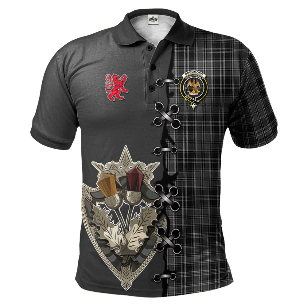 Clan Drummond Grey Tartan Polo Shirt - Lion Rampant And Celtic Thistle Style BP15 Drummond Grey Tartan Tartan Polo