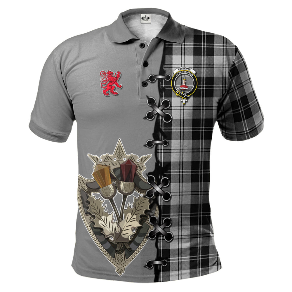 Clan Erskine Black and White Tartan Polo Shirt - Lion Rampant And Celtic Thistle Style WB36 Erskine Black and White Tartan Tartan Polo