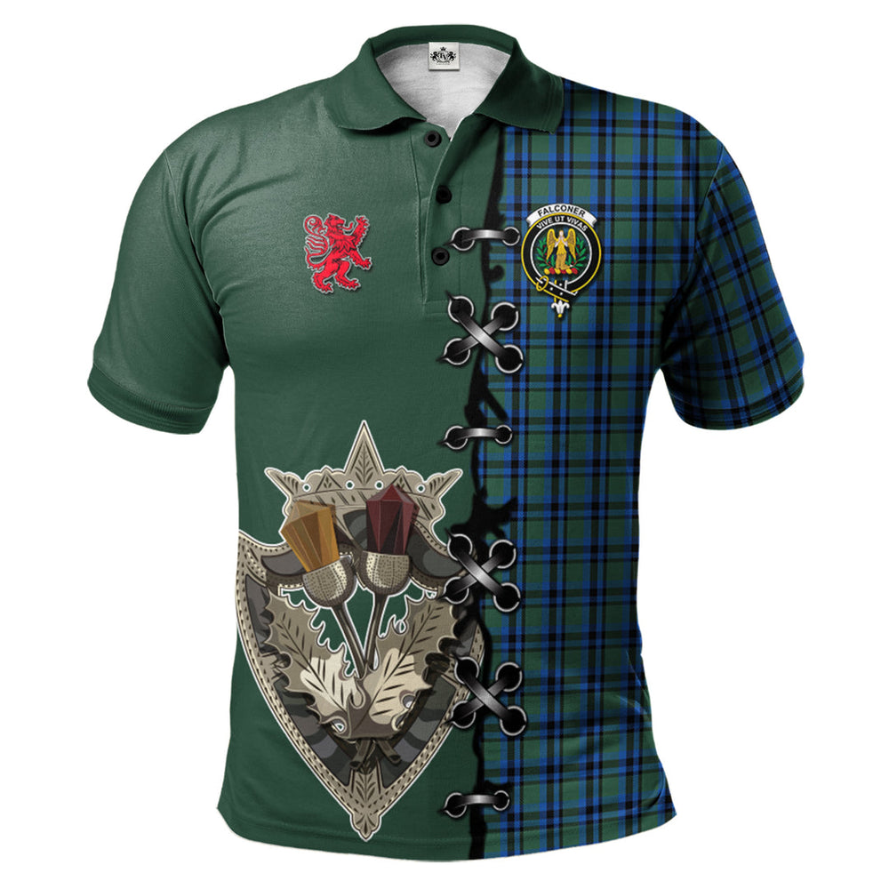 Clan Falconer Tartan Polo Shirt - Lion Rampant And Celtic Thistle Style MI58 Falconer Tartan Tartan Polo