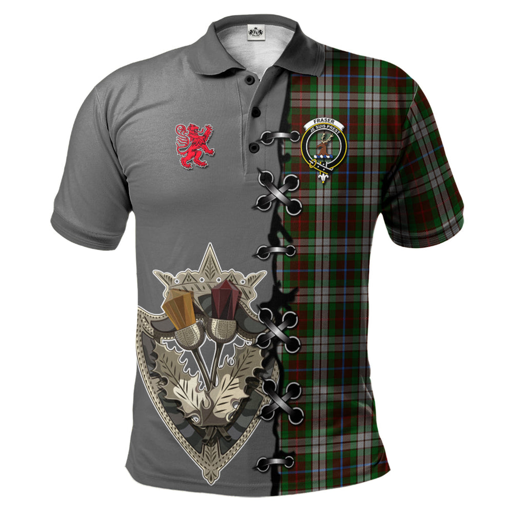Clan Fraser Hunting Dress Tartan Polo Shirt - Lion Rampant And Celtic Thistle Style MF55 Fraser Hunting Dress Tartan Tartan Polo