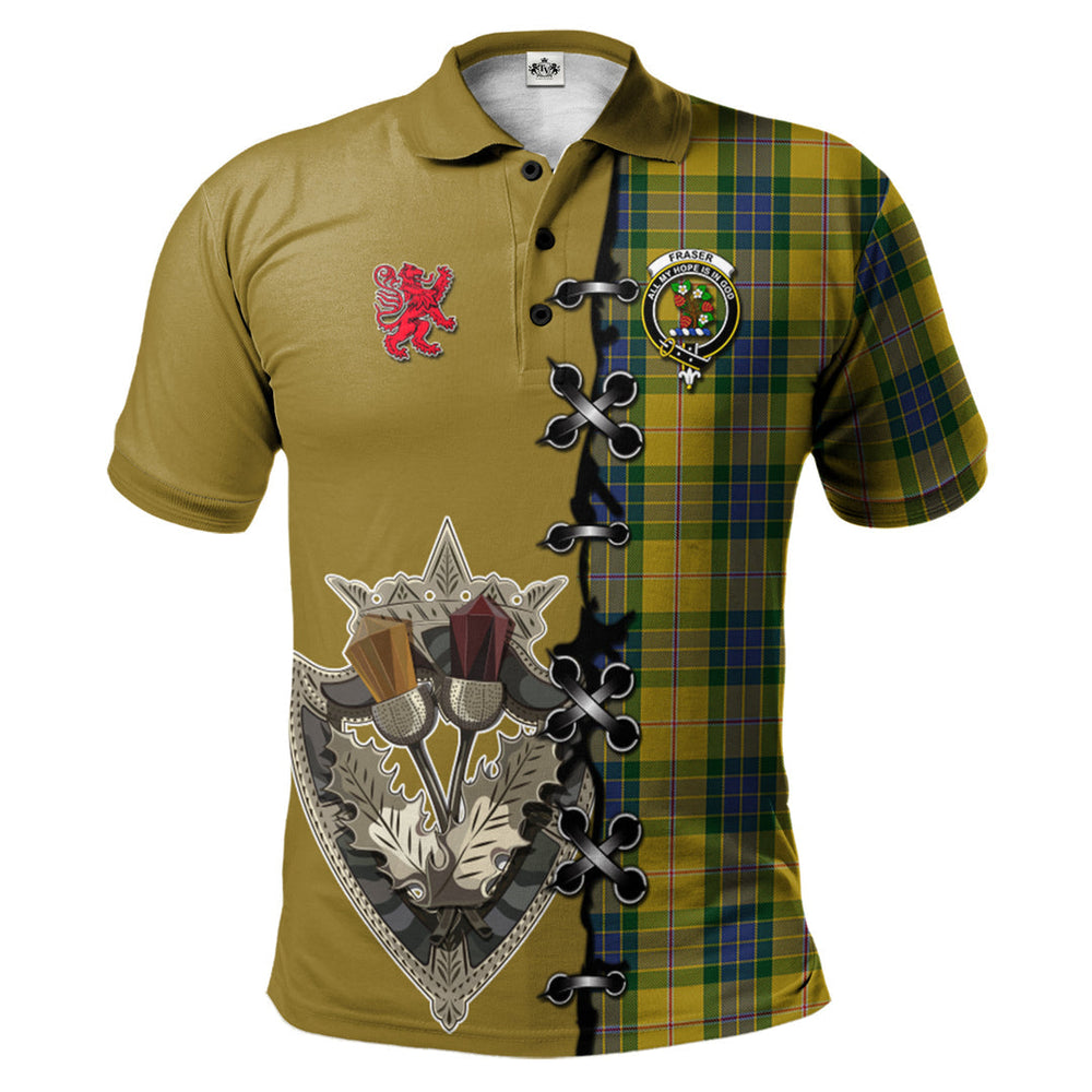 Clan Fraser Yellow Tartan Polo Shirt - Lion Rampant And Celtic Thistle Style UX48 Fraser Yellow Tartan Tartan Polo