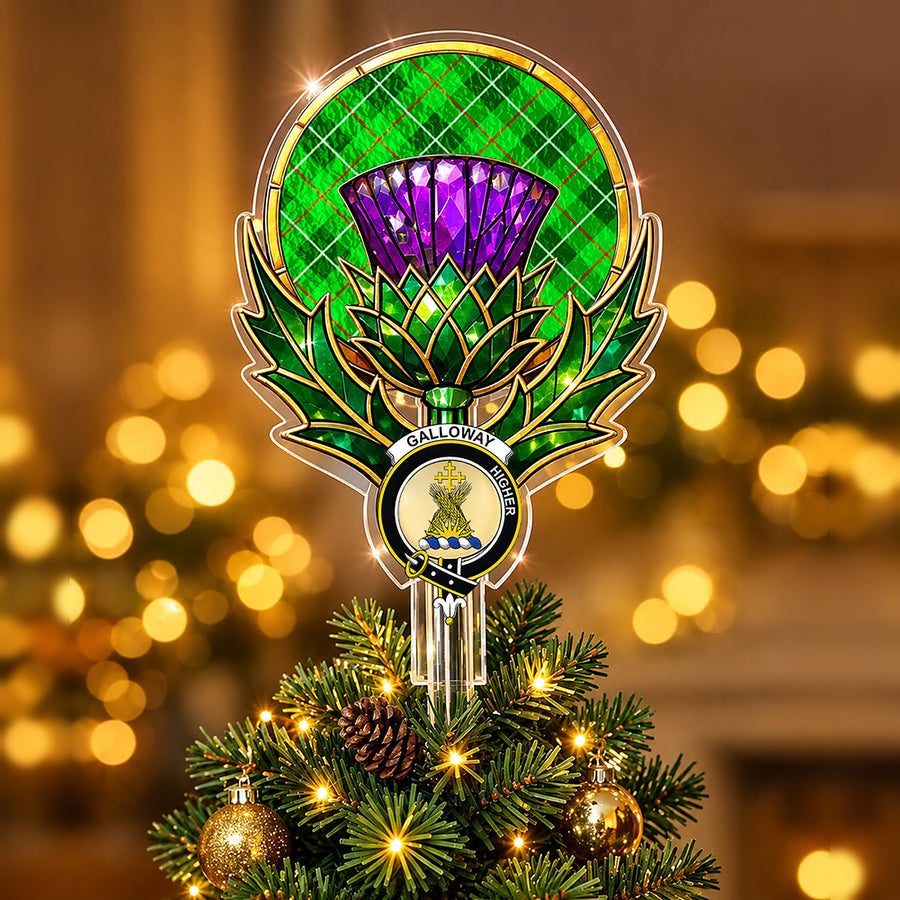 Galloway crest in the centre of a stained-glass style thistle Christmas tree topper with the Galloway District tartan behind the thistle