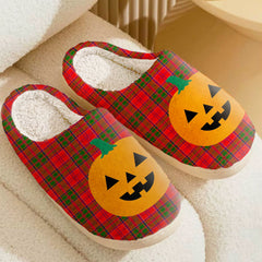 Clan Grant Modern Tartan Halloween Pumpkin Slippers, Fluffy Spooky Slippers YR18 Grant Modern Tartan Tartan Halloween