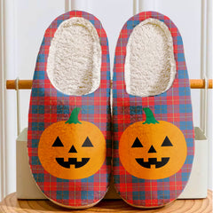 Clan Galloway Red Tartan Halloween Pumpkin Slippers, Fluffy Spooky Slippers AN49 Galloway Red Tartan Tartan Halloween