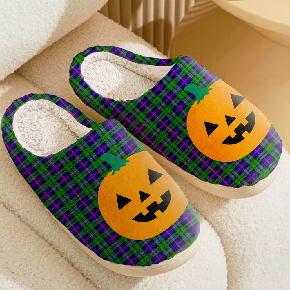 Clan Durham District Tartan Halloween Pumpkin Slippers, Fluffy Spooky Slippers PN91 Durham District Tartan Tartan Halloween