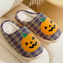 Clan Cunningham Dress Blue Dancers Tartan Halloween Pumpkin Slippers, Fluffy Spooky Slippers GA77 Cunningham Dress Blue Dancers Tartan Tartan Halloween