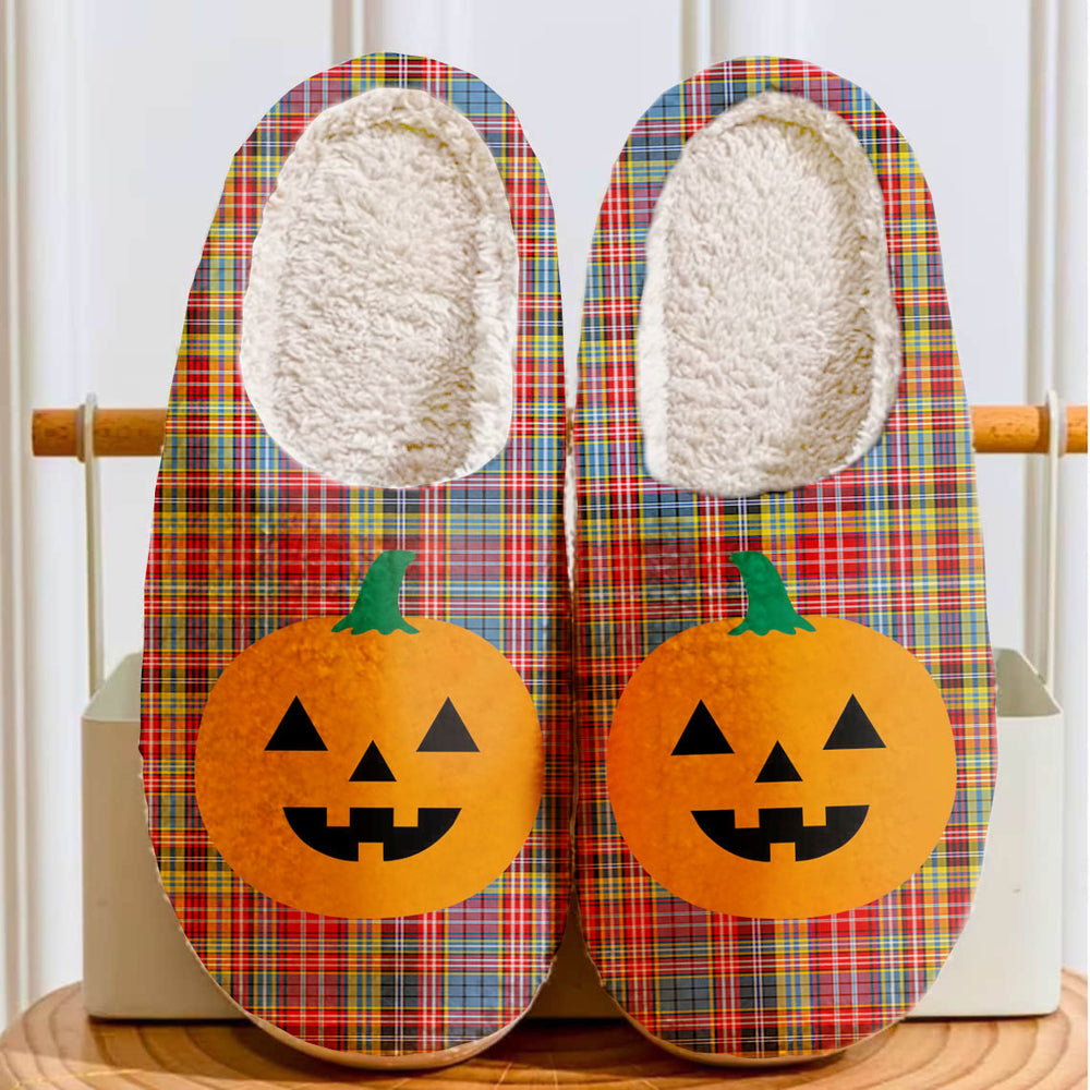 Clan Drummond of Strathallan Tartan Halloween Pumpkin Slippers, Fluffy Spooky Slippers AJ77 Drummond of Strathallan Tartan Tartan Halloween