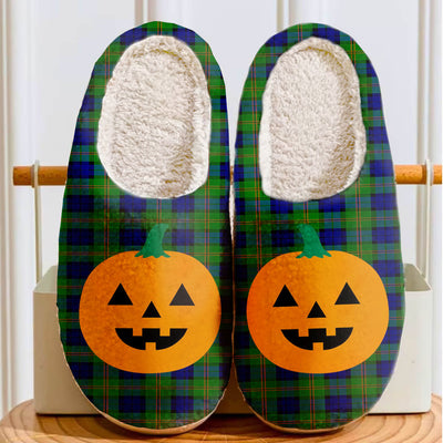 Clan Dundas Modern Tartan Halloween Pumpkin Slippers, Fluffy Spooky Slippers