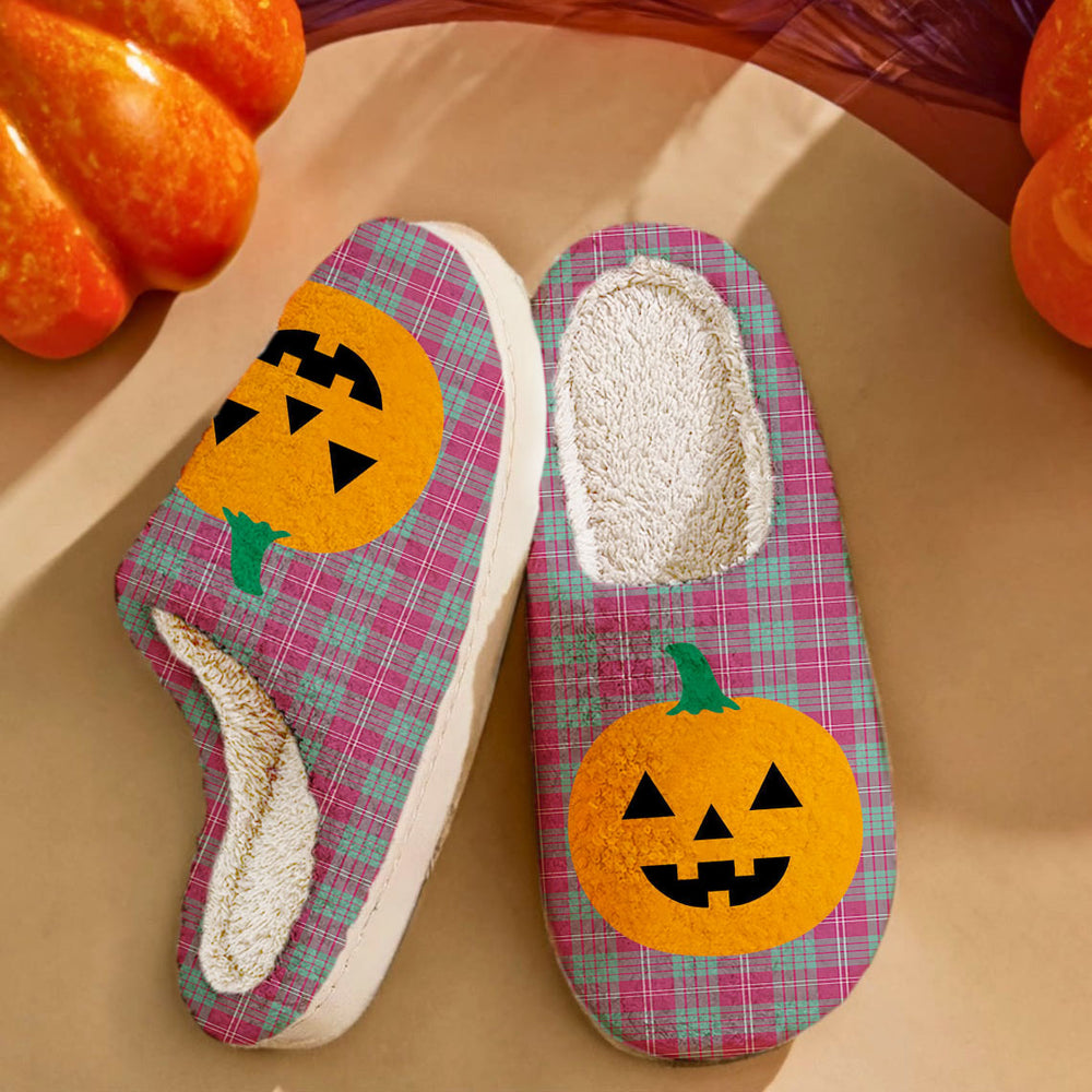 Clan Crawford Ancient Tartan Halloween Pumpkin Slippers, Fluffy Spooky Slippers EQ13 Crawford Ancient Tartan Tartan Halloween