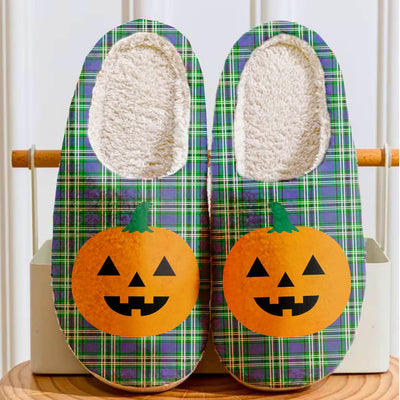 Clan Haliburton Tartan Halloween Pumpkin Slippers, Fluffy Spooky Slippers