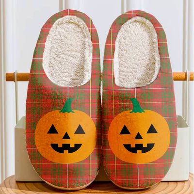 Clan Carruthers Tartan Halloween Pumpkin Slippers, Fluffy Spooky Slippers