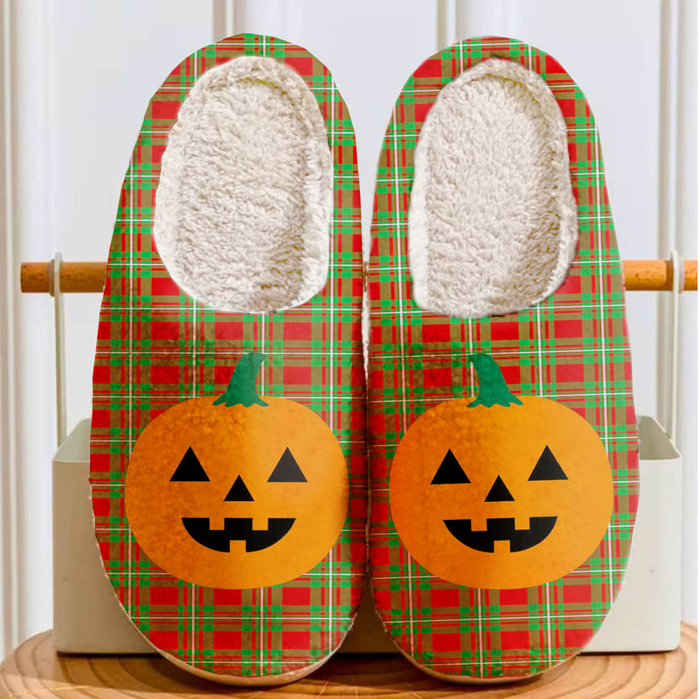 Clan Grierson Tartan Halloween Pumpkin Slippers, Fluffy Spooky Slippers DH44 Grierson Tartan Tartan Halloween