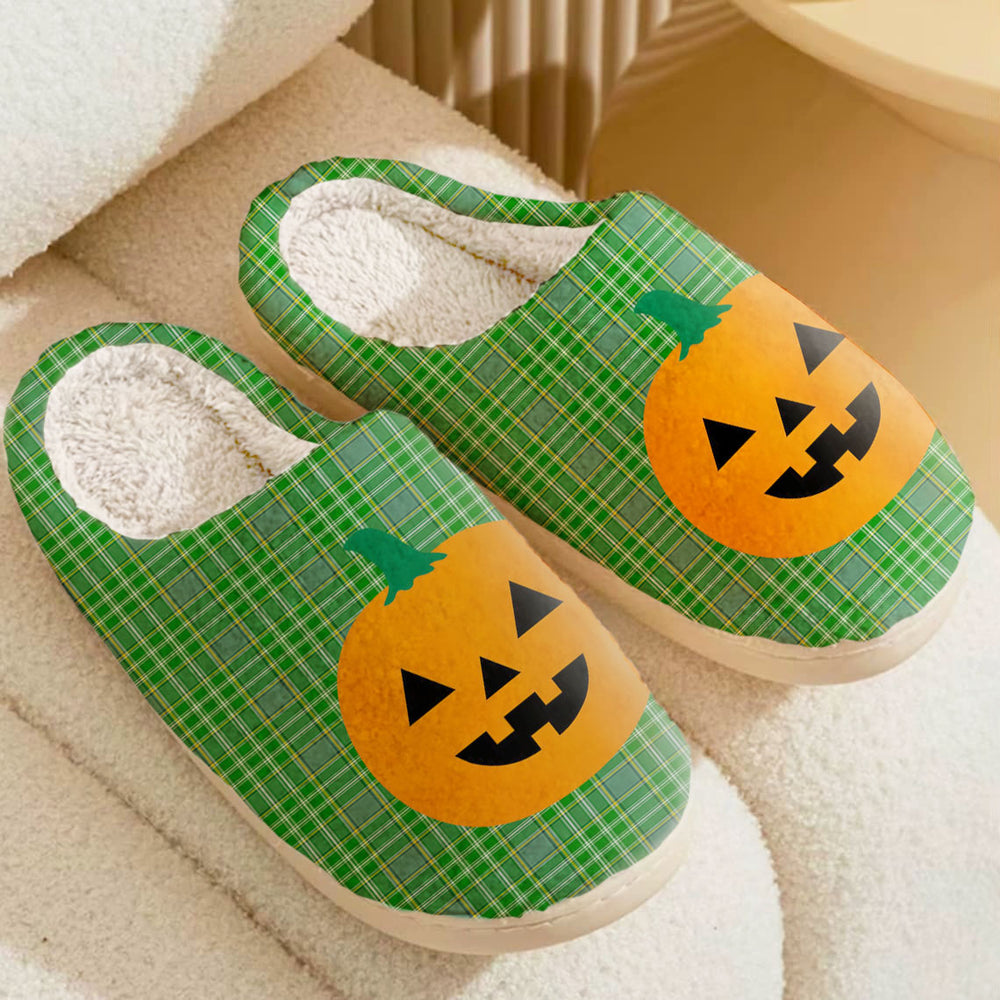 Clan Currie Tartan Halloween Pumpkin Slippers, Fluffy Spooky Slippers IT36 Currie Tartan Tartan Halloween