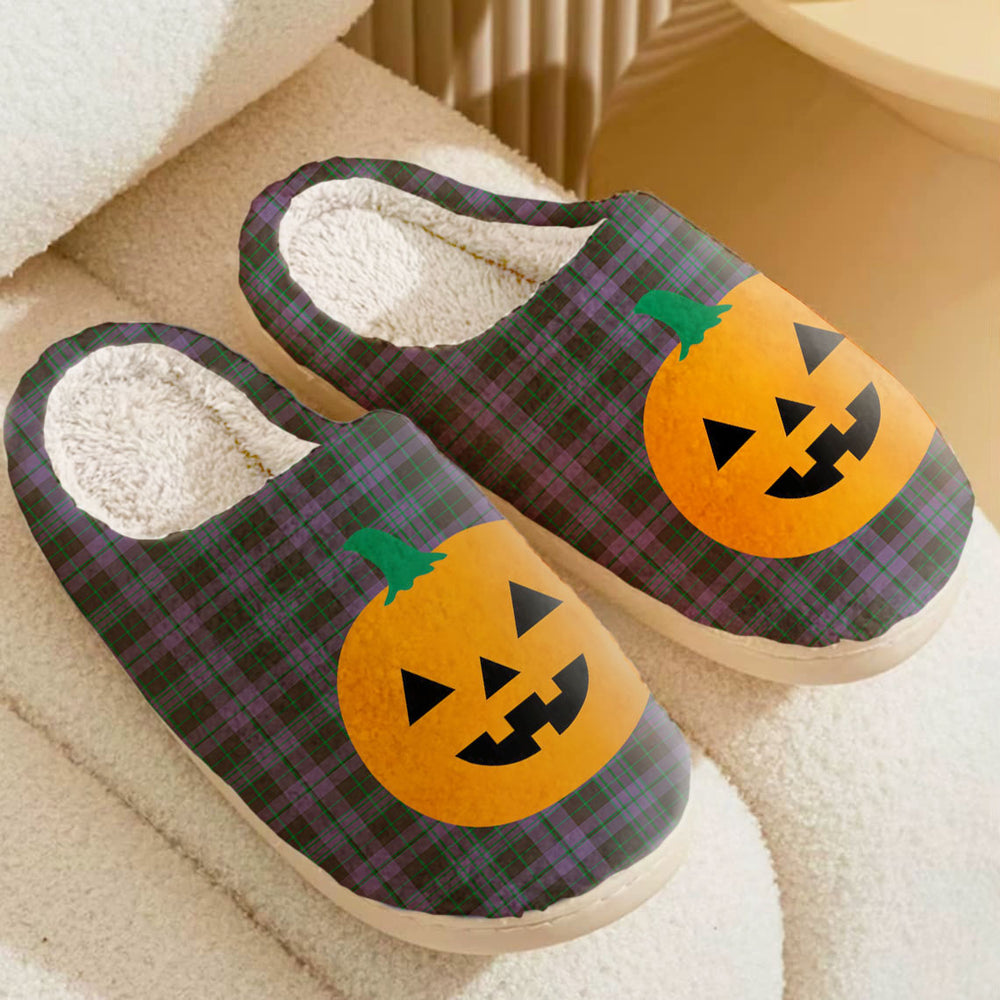 Clan Clergy Green Tartan Halloween Pumpkin Slippers, Fluffy Spooky Slippers OV55 Clergy Green Tartan Tartan Halloween