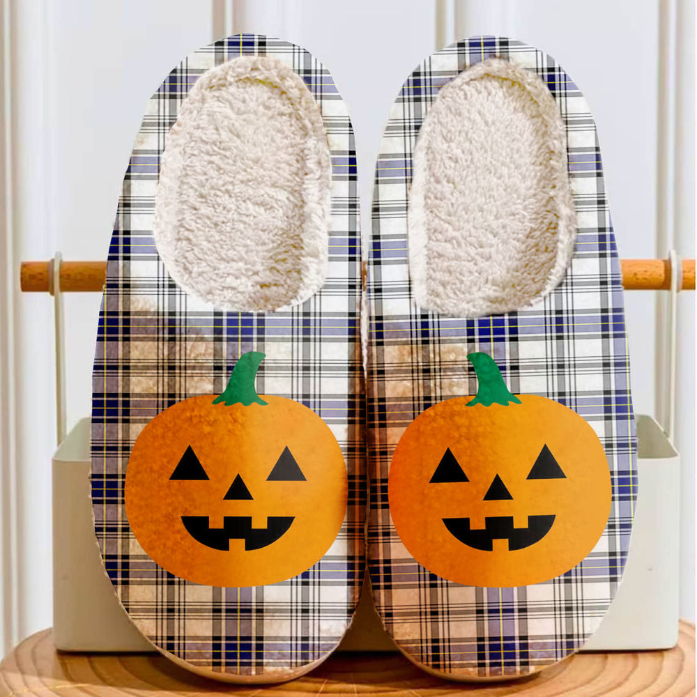 Clan Hannay Tartan Halloween Pumpkin Slippers, Fluffy Spooky Slippers HJ84 Hannay Tartan Tartan Halloween