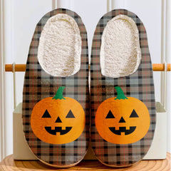 Clan Gunn Weathered Tartan Halloween Pumpkin Slippers, Fluffy Spooky Slippers TA19 Gunn Weathered Tartan Tartan Halloween