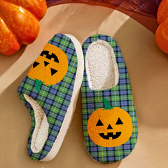 Clan Gordon Old Ancient Tartan Halloween Pumpkin Slippers, Fluffy Spooky Slippers DG84 Gordon Old Ancient Tartan Tartan Halloween