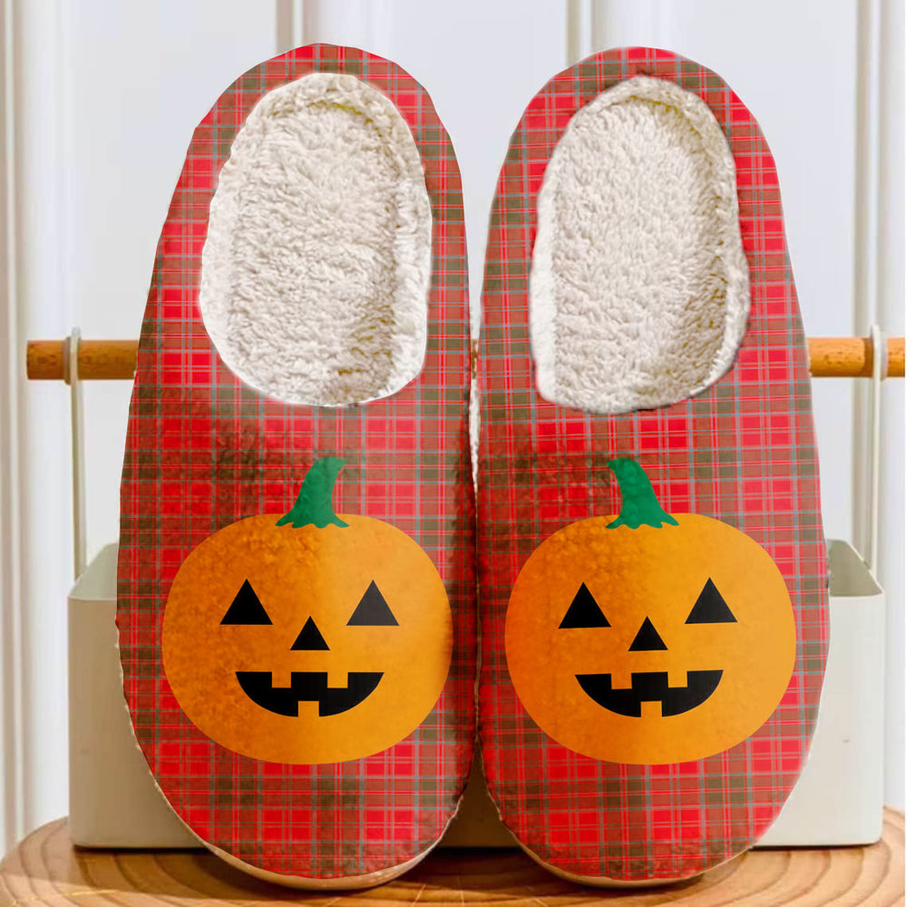 Clan Grant Weathered Tartan Halloween Pumpkin Slippers, Fluffy Spooky Slippers OP47 Grant Weathered Tartan Tartan Halloween