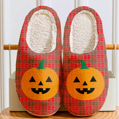 Clan Grant Weathered Tartan Halloween Pumpkin Slippers, Fluffy Spooky Slippers OP47 Grant Weathered Tartan Tartan Halloween