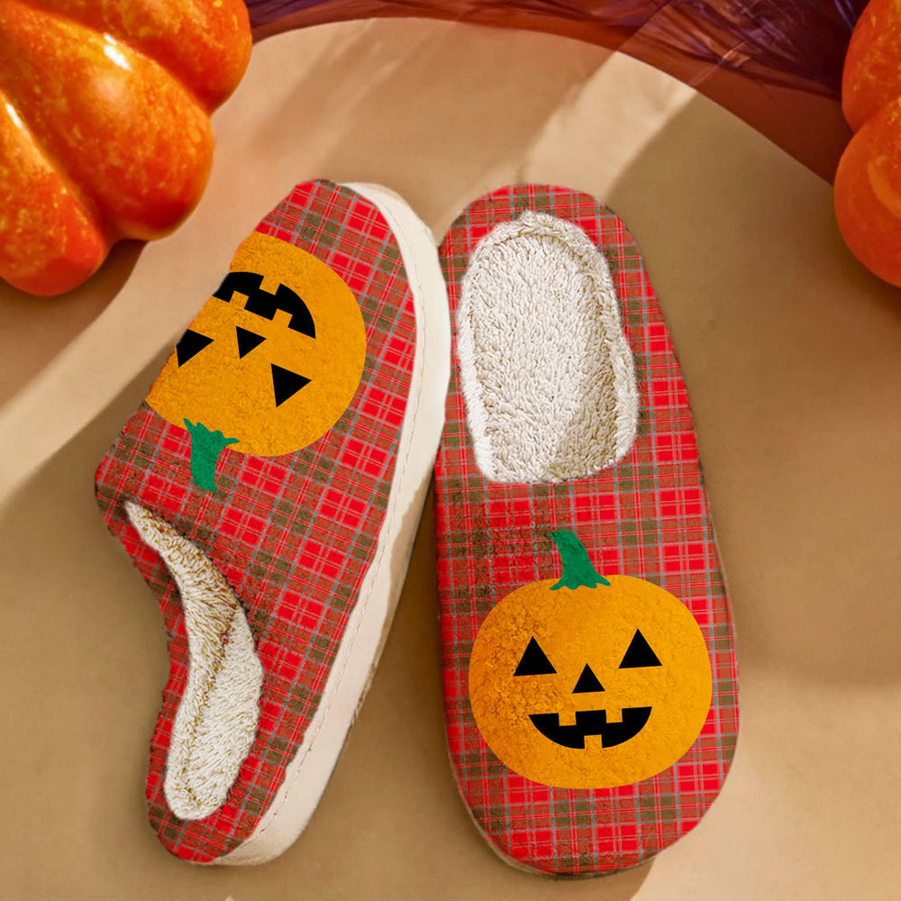 Clan Grant Weathered Tartan Halloween Pumpkin Slippers, Fluffy Spooky Slippers OP47 Grant Weathered Tartan Tartan Halloween
