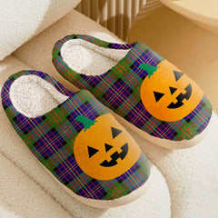 Clan Chalmer Tartan Halloween Pumpkin Slippers, Fluffy Spooky Slippers VA35 Chalmer Tartan Tartan Halloween