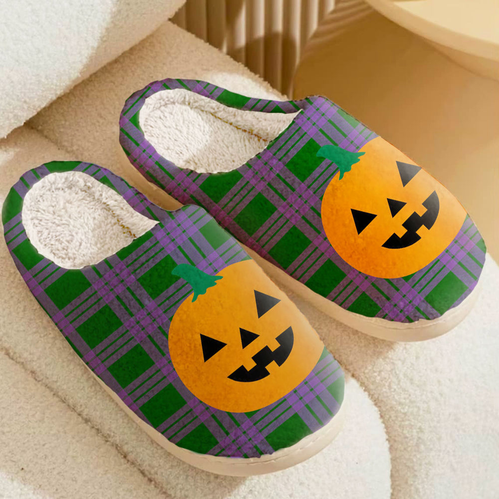 Clan Elphinstone Tartan Halloween Pumpkin Slippers, Fluffy Spooky Slippers RI43 Elphinstone Tartan Tartan Halloween