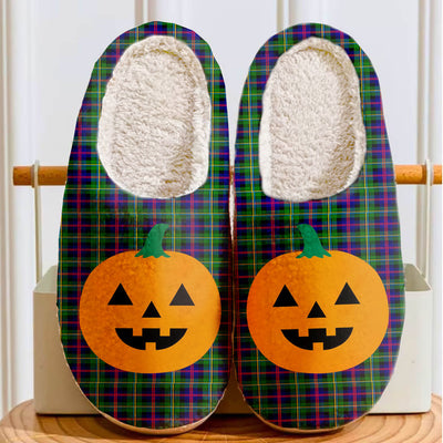 Clan Malcolm Modern Tartan Halloween Pumpkin Slippers, Fluffy Spooky Slippers