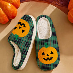 Clan MacAulay Hunting Ancient Tartan Halloween Pumpkin Slippers, Fluffy Spooky Slippers EZ77 MacAulay Hunting Ancient Tartan Tartan Halloween