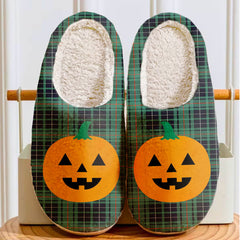 Clan MacAulay Hunting Ancient Tartan Halloween Pumpkin Slippers, Fluffy Spooky Slippers EZ77 MacAulay Hunting Ancient Tartan Tartan Halloween