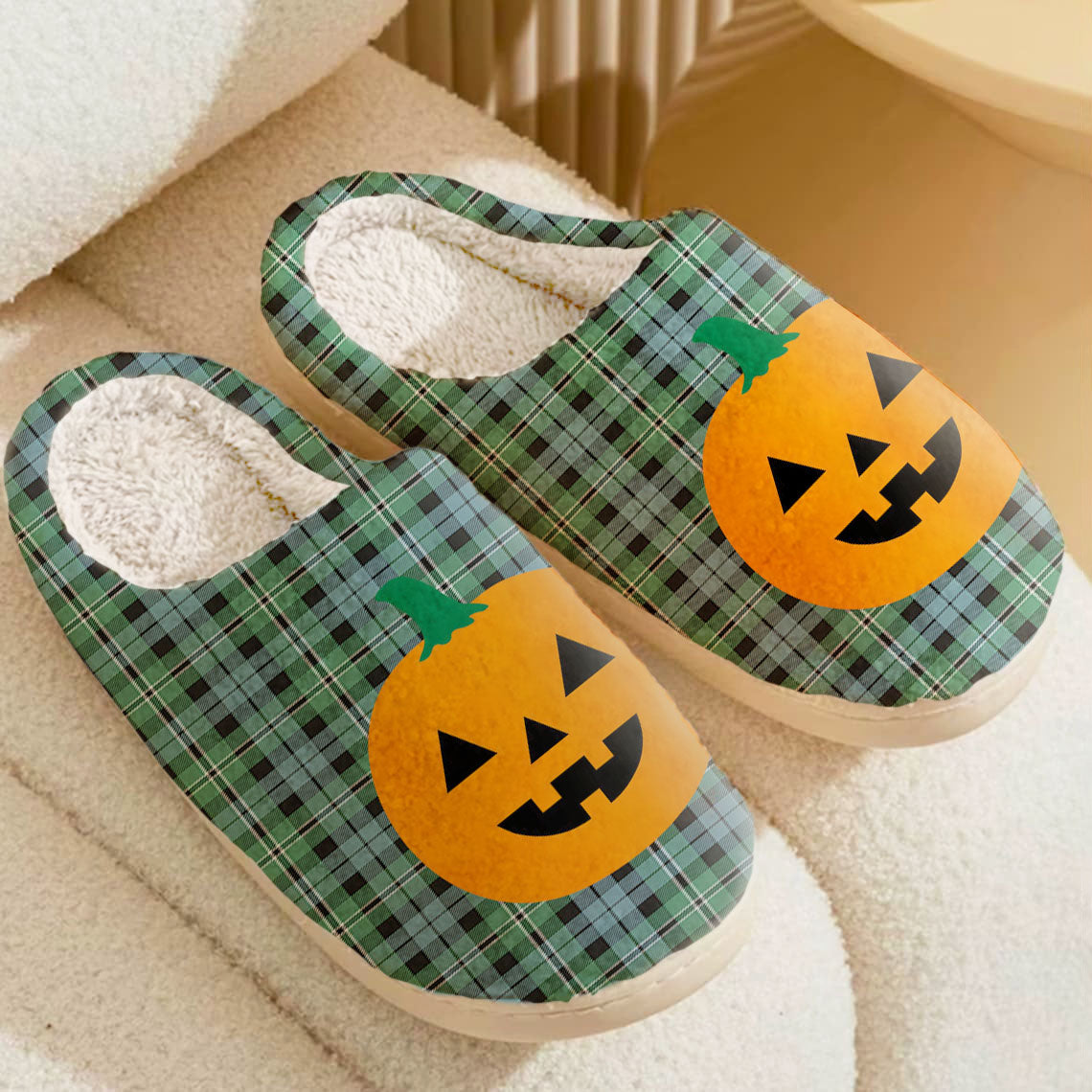 Clan Melville Tartan Halloween Pumpkin Slippers, Fluffy Spooky Slippers XA61 Melville Tartan Tartan Halloween