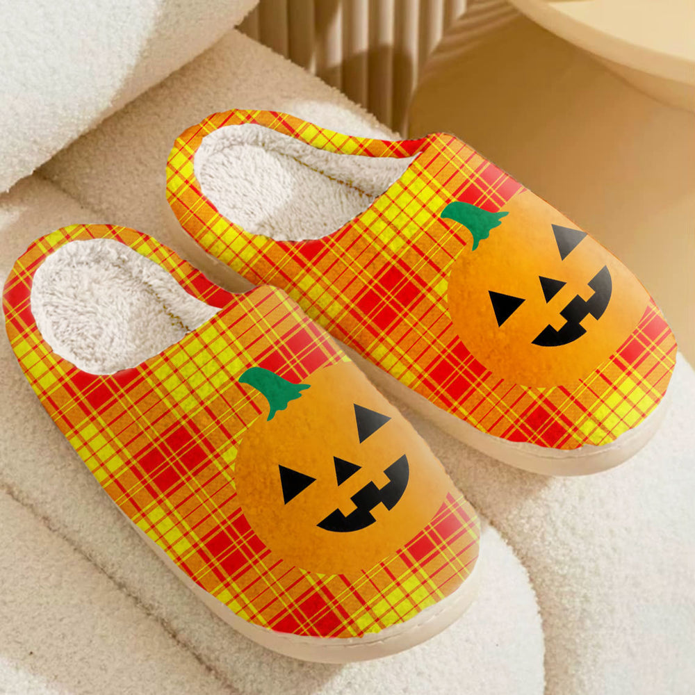 Clan MacMillan Tartan Halloween Pumpkin Slippers, Fluffy Spooky Slippers QO65 MacMillan Tartan Tartan Halloween