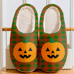 Clan Menzies Green Modern Tartan Halloween Pumpkin Slippers, Fluffy Spooky Slippers PR98 Menzies Green Modern Tartan Tartan Halloween