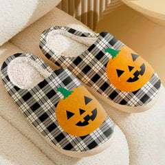 Clan MacFarlane Black & White Tartan Halloween Pumpkin Slippers, Fluffy Spooky Slippers LC32 MacFarlane Black & White Tartan Tartan Halloween