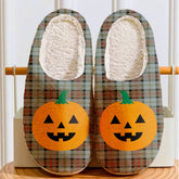 Clan MacLeod of Harris Weathered Tartan Halloween Pumpkin Slippers, Fluffy Spooky Slippers NA73 MacLeod of Harris Weathered Tartan Tartan Halloween