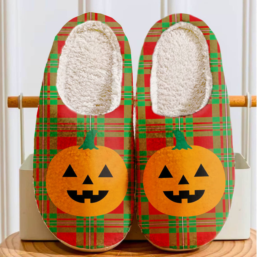 Clan MacGregor Modern Tartan Halloween Pumpkin Slippers, Fluffy Spooky Slippers LM77 MacGregor Modern Tartan Tartan Halloween