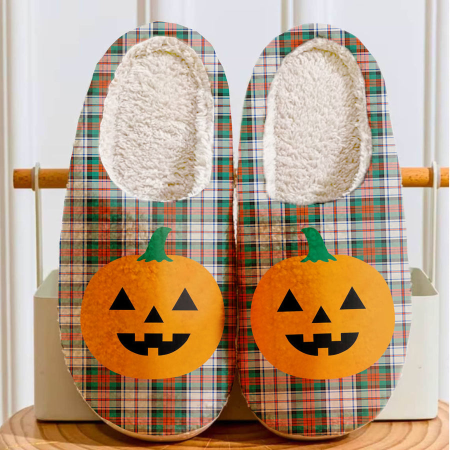 Clan MacDuff Dress Ancient Tartan Halloween Pumpkin Slippers, Fluffy Spooky Slippers QY54 MacDuff Dress Ancient Tartan Tartan Halloween