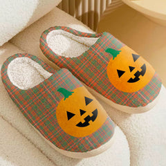 Clan MacKinnon Ancient Tartan Halloween Pumpkin Slippers, Fluffy Spooky Slippers QG19 MacKinnon Ancient Tartan Tartan Halloween
