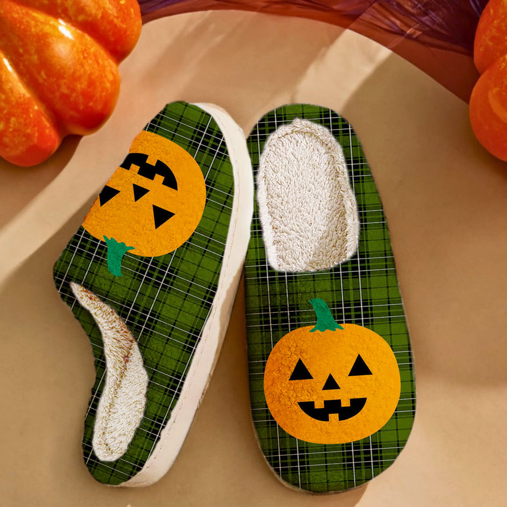 Clan MacLean Hunting Tartan Halloween Pumpkin Slippers, Fluffy Spooky Slippers WT30 MacLean Hunting Tartan Tartan Halloween