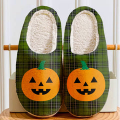 Clan MacLean Hunting Tartan Halloween Pumpkin Slippers, Fluffy Spooky Slippers WT30 MacLean Hunting Tartan Tartan Halloween