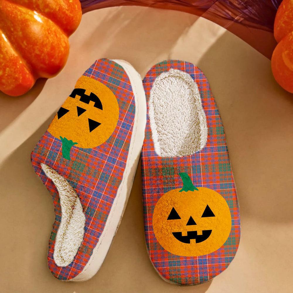 Clan MacRae Ancient Tartan Halloween Pumpkin Slippers, Fluffy Spooky Slippers OM77 MacRae Ancient Tartan Tartan Halloween