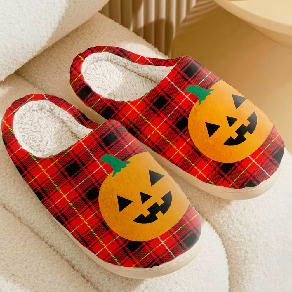 Clan MacIver Modern Tartan Halloween Pumpkin Slippers, Fluffy Spooky Slippers ZW46 MacIver Modern Tartan Tartan Halloween