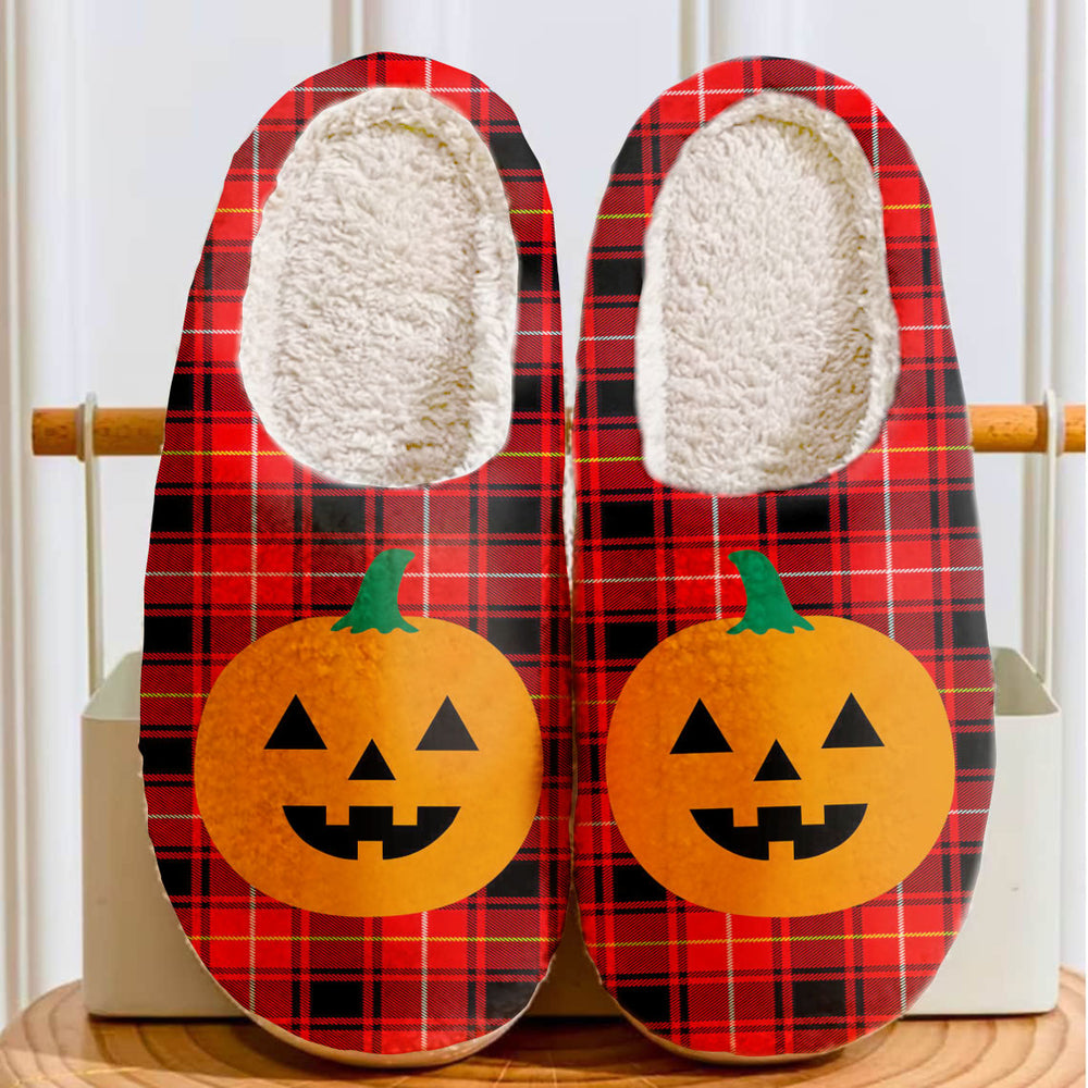 Clan MacIver Modern Tartan Halloween Pumpkin Slippers, Fluffy Spooky Slippers ZW46 MacIver Modern Tartan Tartan Halloween
