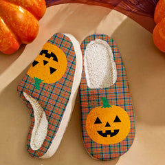 Clan MacNaughton Ancient Tartan Halloween Pumpkin Slippers, Fluffy Spooky Slippers CD87 MacNaughton Ancient Tartan Tartan Halloween
