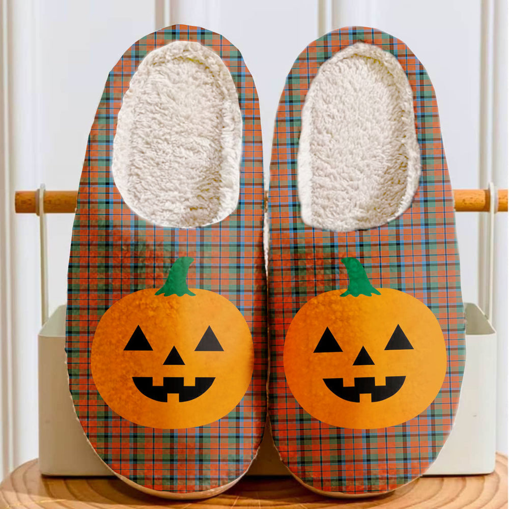 Clan MacNaughton Ancient Tartan Halloween Pumpkin Slippers, Fluffy Spooky Slippers CD87 MacNaughton Ancient Tartan Tartan Halloween