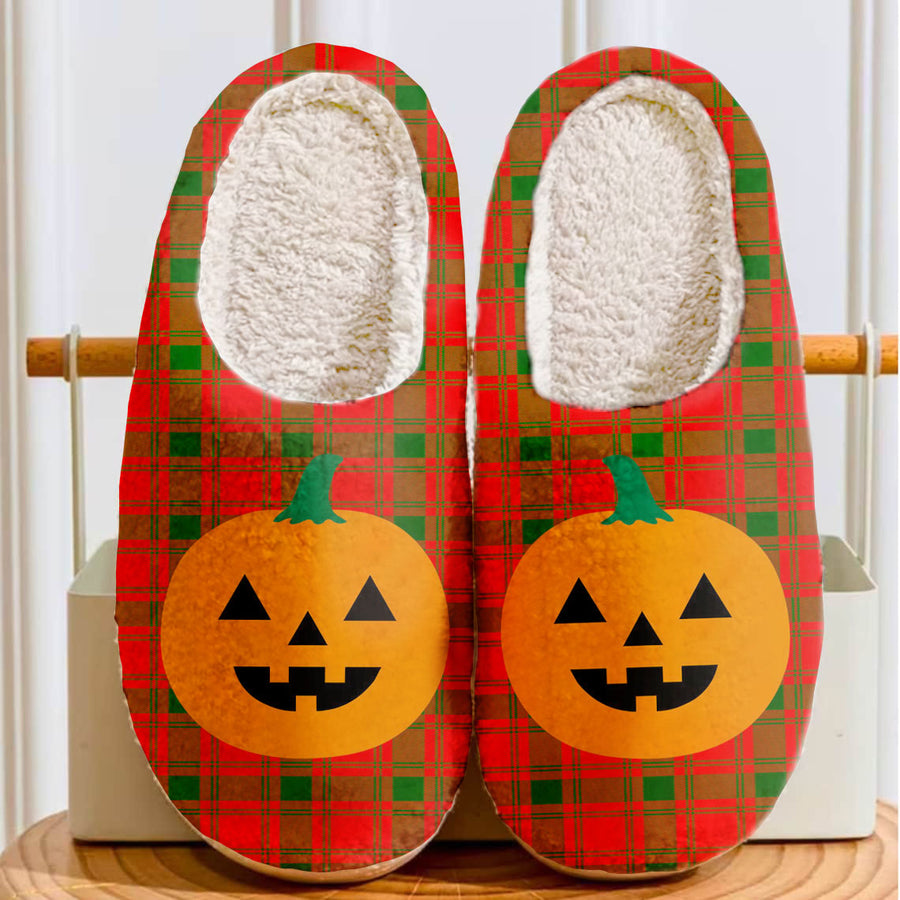 Clan MacQuarrie Modern Tartan Halloween Pumpkin Slippers, Fluffy Spooky Slippers FC28 MacQuarrie Modern Tartan Tartan Halloween
