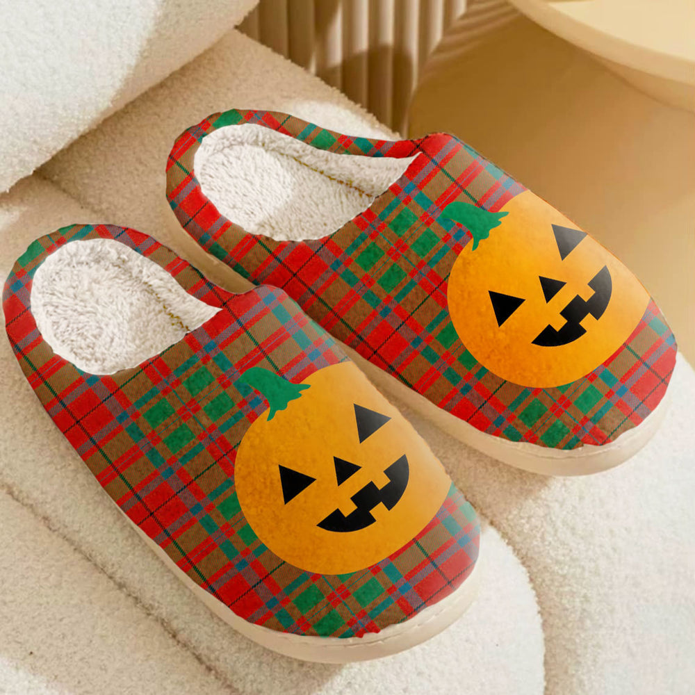 Clan McIlvian Tartan Halloween Pumpkin Slippers, Fluffy Spooky Slippers MF64 McIlvian Tartan Tartan Halloween